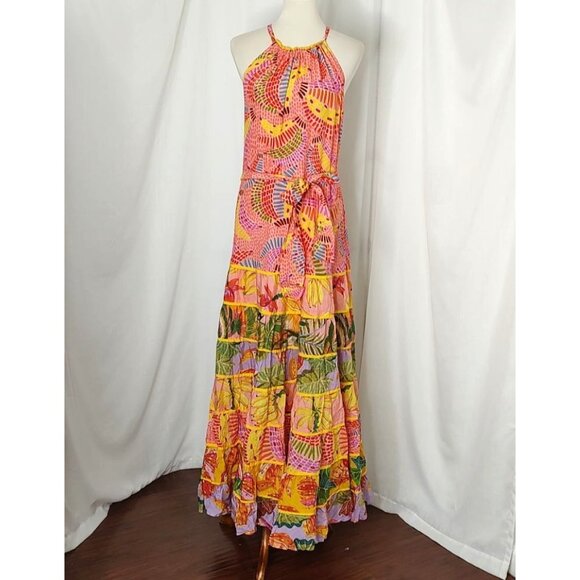 FARM Rio Maxi Dress XL Mixed Prints Floral Tiered Strappy Halter Pink - Picture 6 of 16